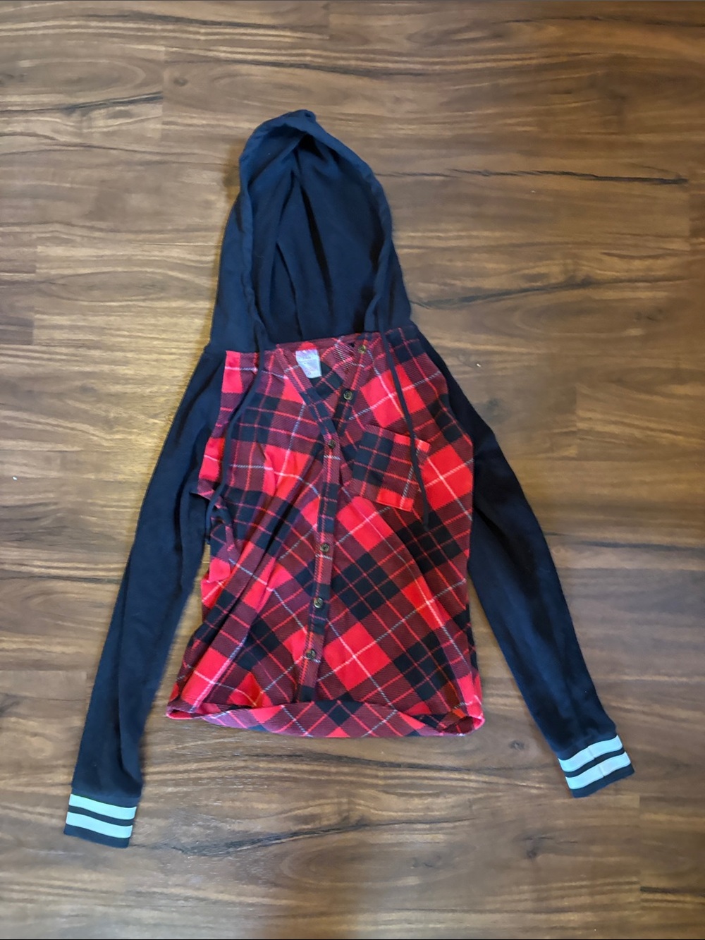 No Boundaries Red Plaid Hooded Button-Up with Black Sleeves